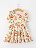 Fall Pumpkin Floral Girls Ruffle Hem Dress - 1