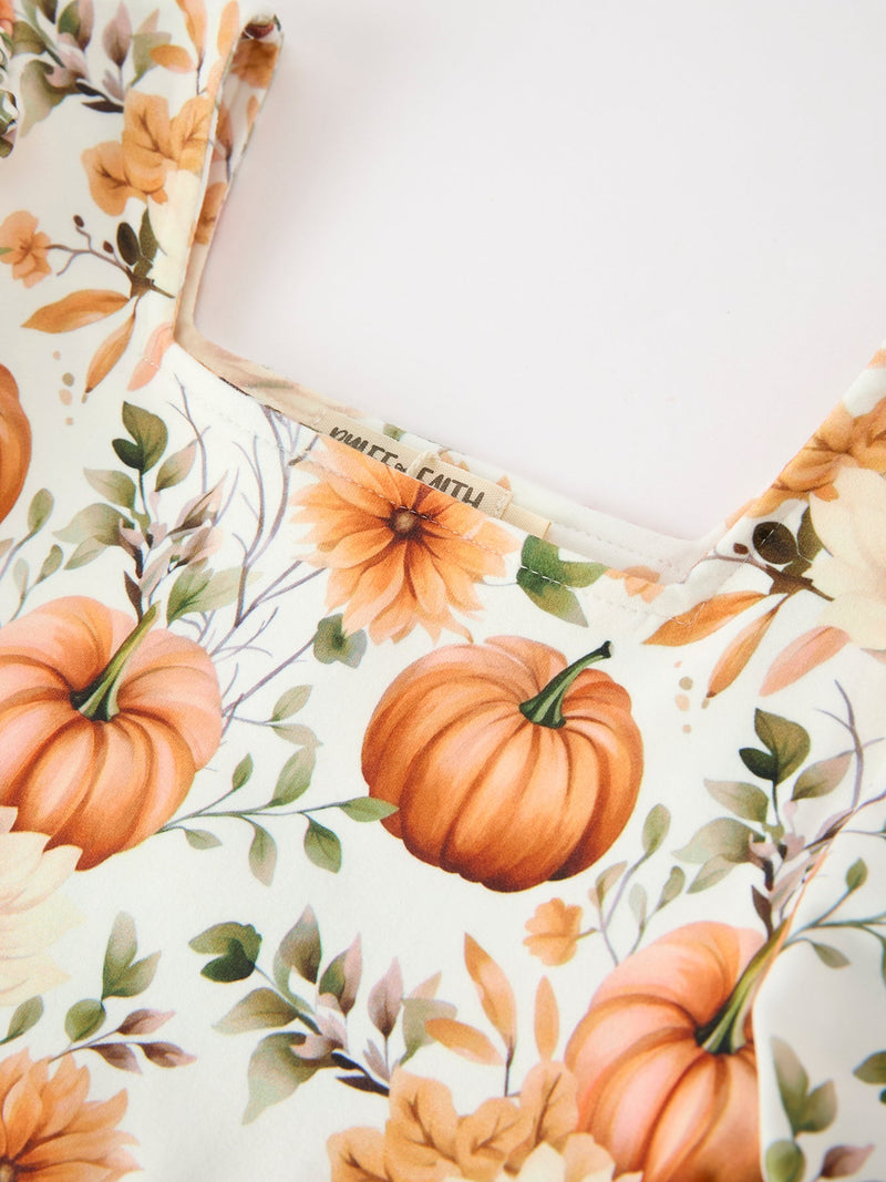 Fall Pumpkin Floral Girls Ruffle Hem Dress - 3