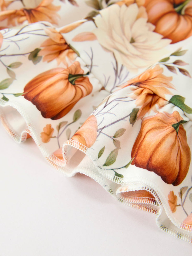 Fall Pumpkin Floral Girls Ruffle Hem Dress - 5