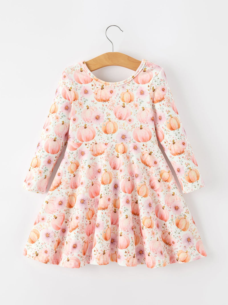 Fall Pink Pumpkin Girls Long Sleeve Twirl Dress - 7