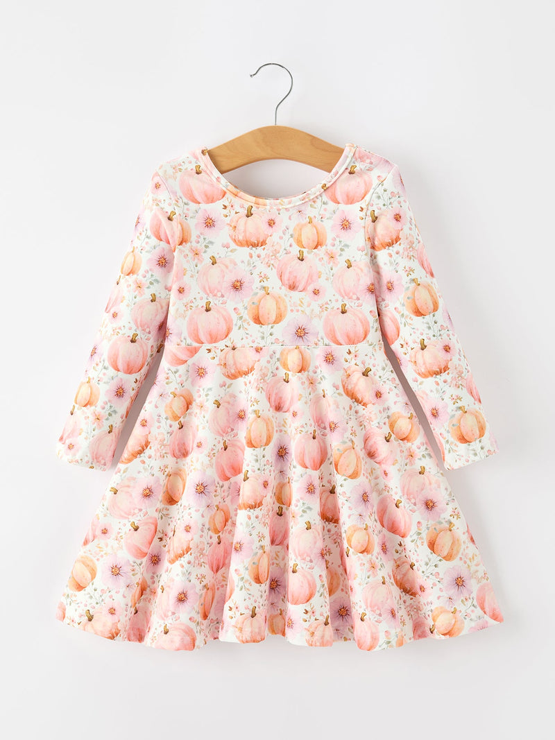 Fall Pink Pumpkin Girls Long Sleeve Twirl Dress - 6
