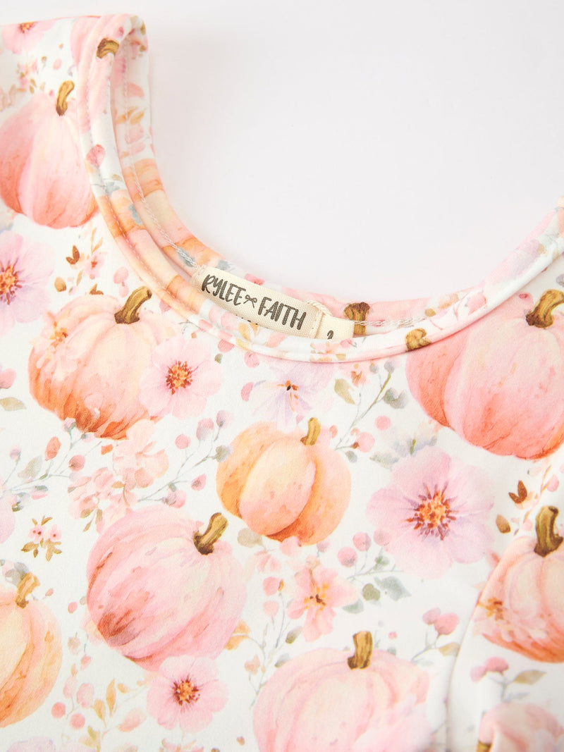 Fall Pink Pumpkin Girls Long Sleeve Twirl Dress - 8