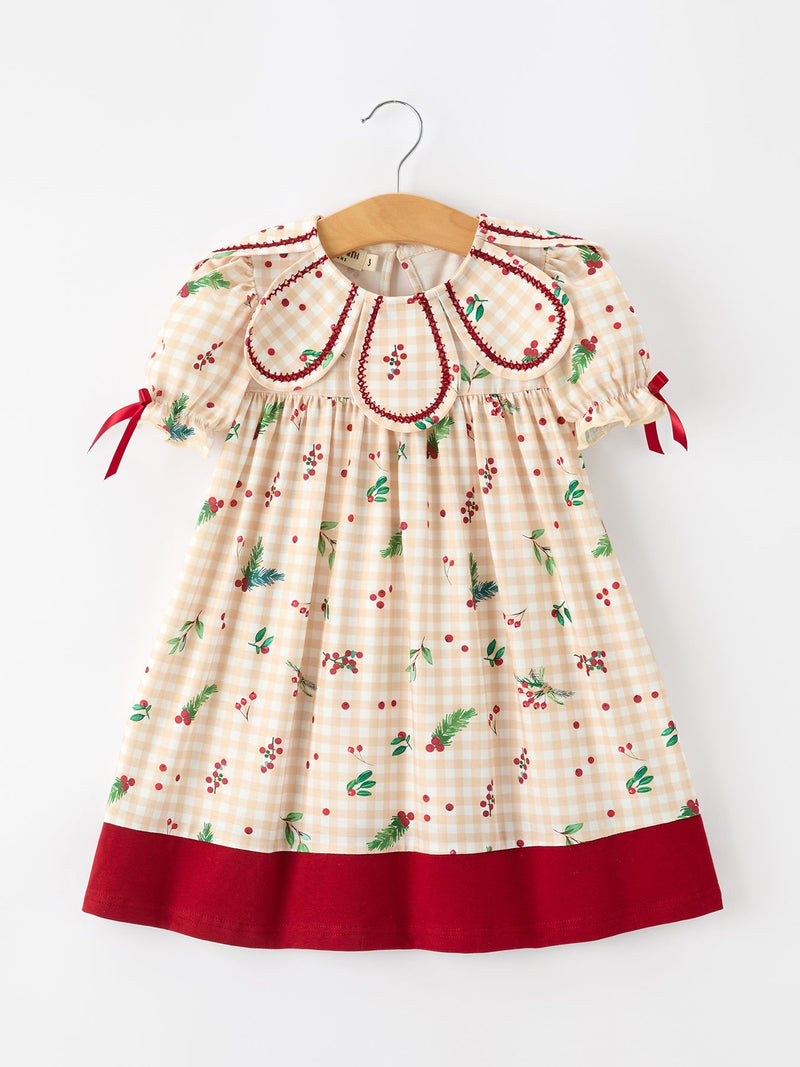 Fall Gingham Girls Dress Ruffle Collar Bow - 1