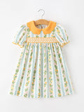 Fall Smocked Floral & Stripe Baby Girl Dress with Scallop Collar - 1