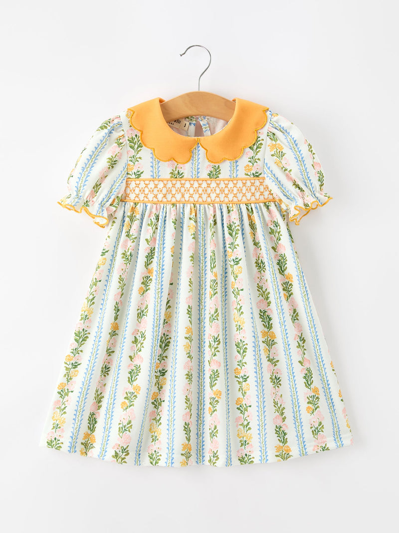 Fall Smocked Floral & Stripe Baby Girl Dress with Scallop Collar - 1