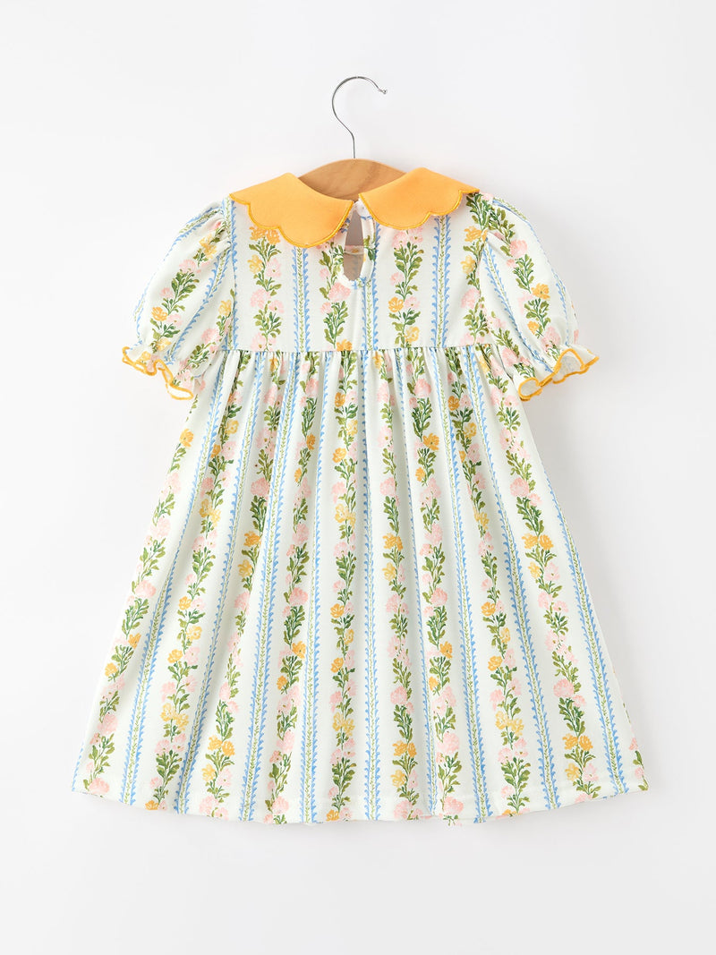 Fall Smocked Floral & Stripe Baby Girl Dress with Scallop Collar - 2