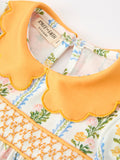 Fall Smocked Floral & Stripe Baby Girl Dress with Scallop Collar - 3
