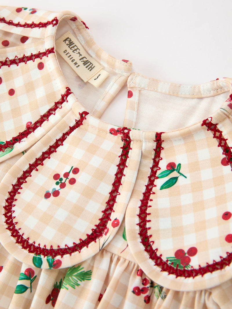 Fall Gingham Girls Dress Ruffle Collar Bow - 3