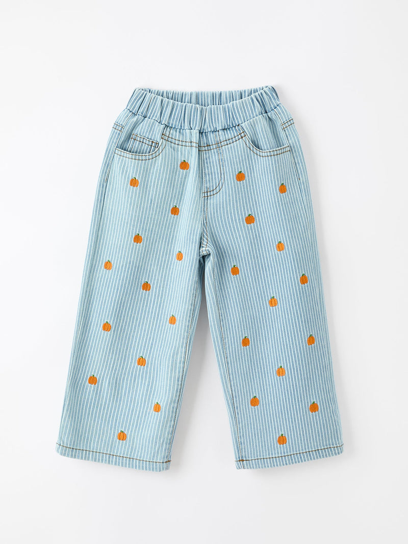 Halloween Thanksgiving Pumpkin Embroidered Girls Flare Pants - 1
