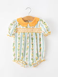 Fall Smocked Floral & Stripe Baby Girl Romper with Scallop Collar - 1