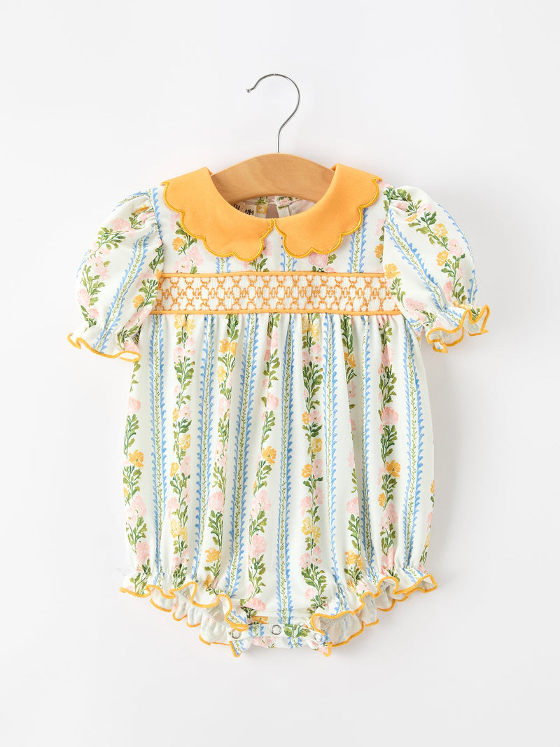 Fall Smocked Floral & Stripe Baby Girl Romper with Scallop Collar - 1