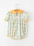 Fall Smocked Floral & Stripe Baby Girl Romper with Scallop Collar - 2