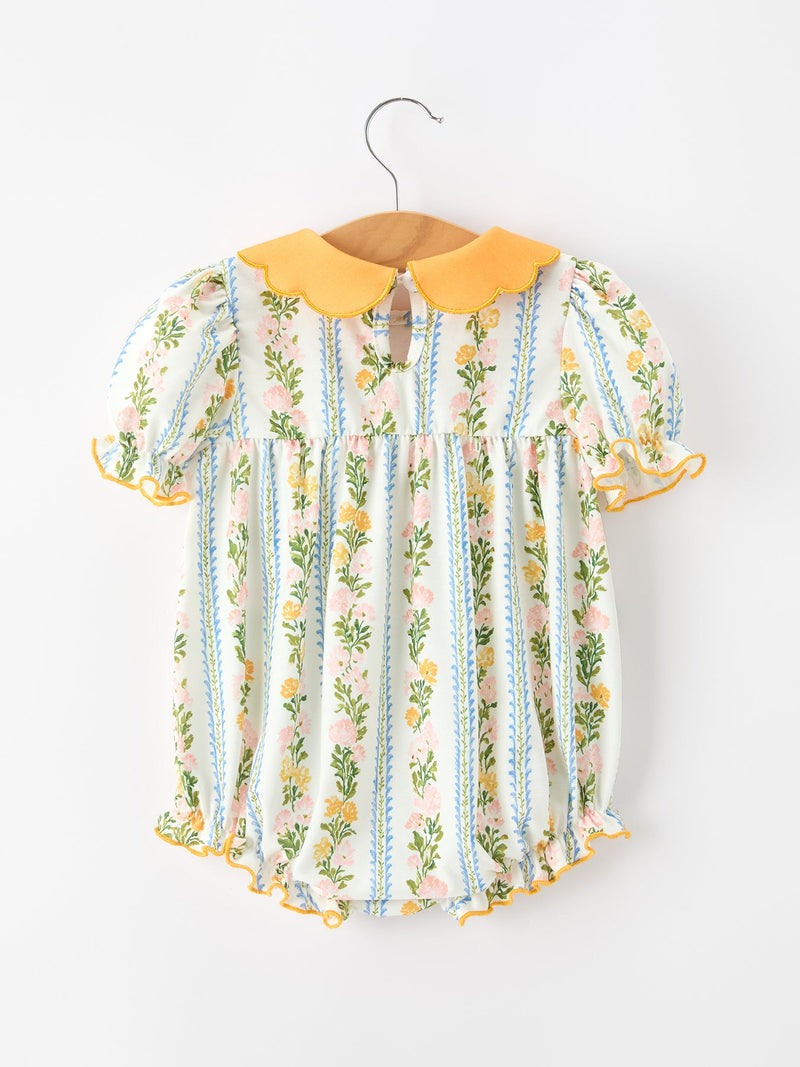 Fall Smocked Floral & Stripe Baby Girl Romper with Scallop Collar - 2