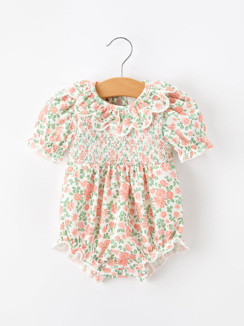 Fall Blush Floral Baby Romper Smocked Petal Collar - 1