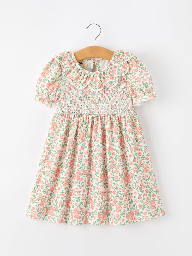 Fall Blush Floral Girls Dress Smocked Petal Collar - 1