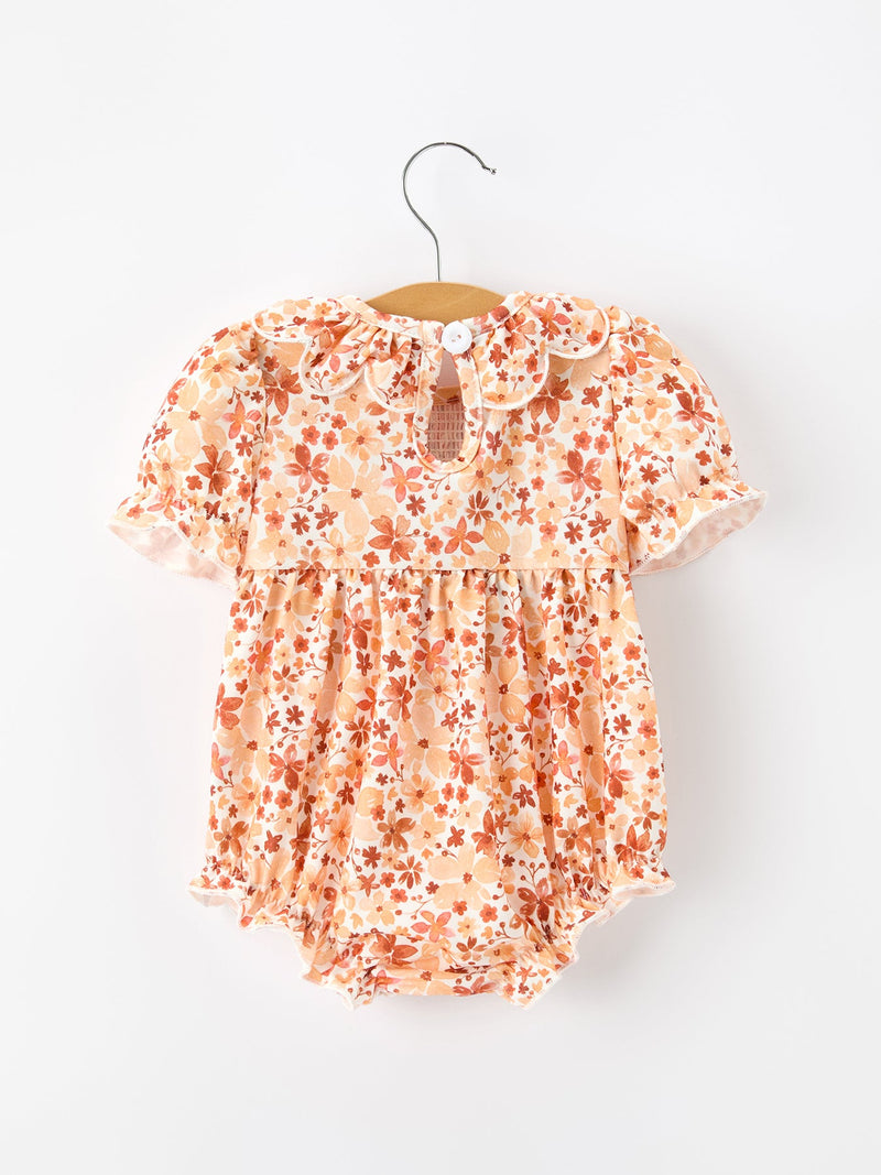 Fall Rust Floral Baby Romper Smocked Petal Collar - 2