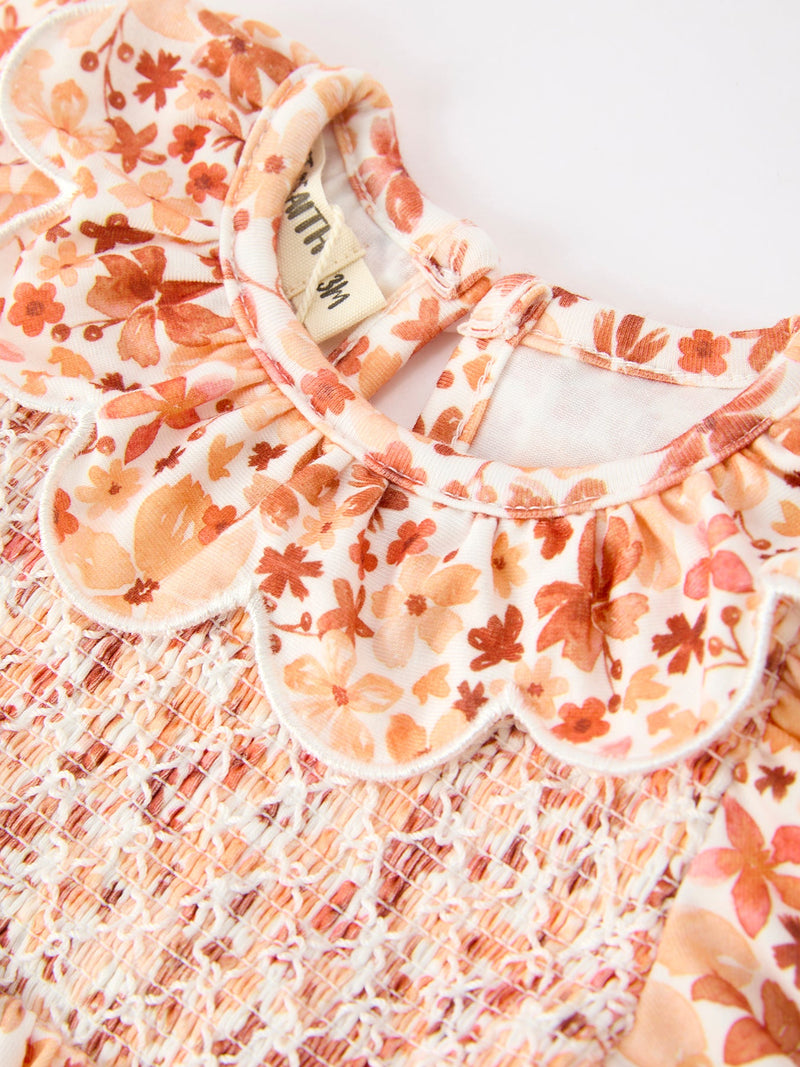 Fall Rust Floral Baby Romper Smocked Petal Collar - 3