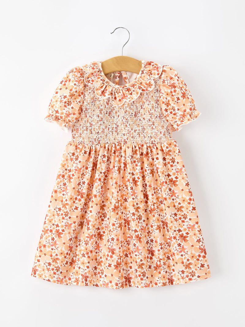 Fall Rust Floral Baby Girls Dress Smocked Petal Collar - 1