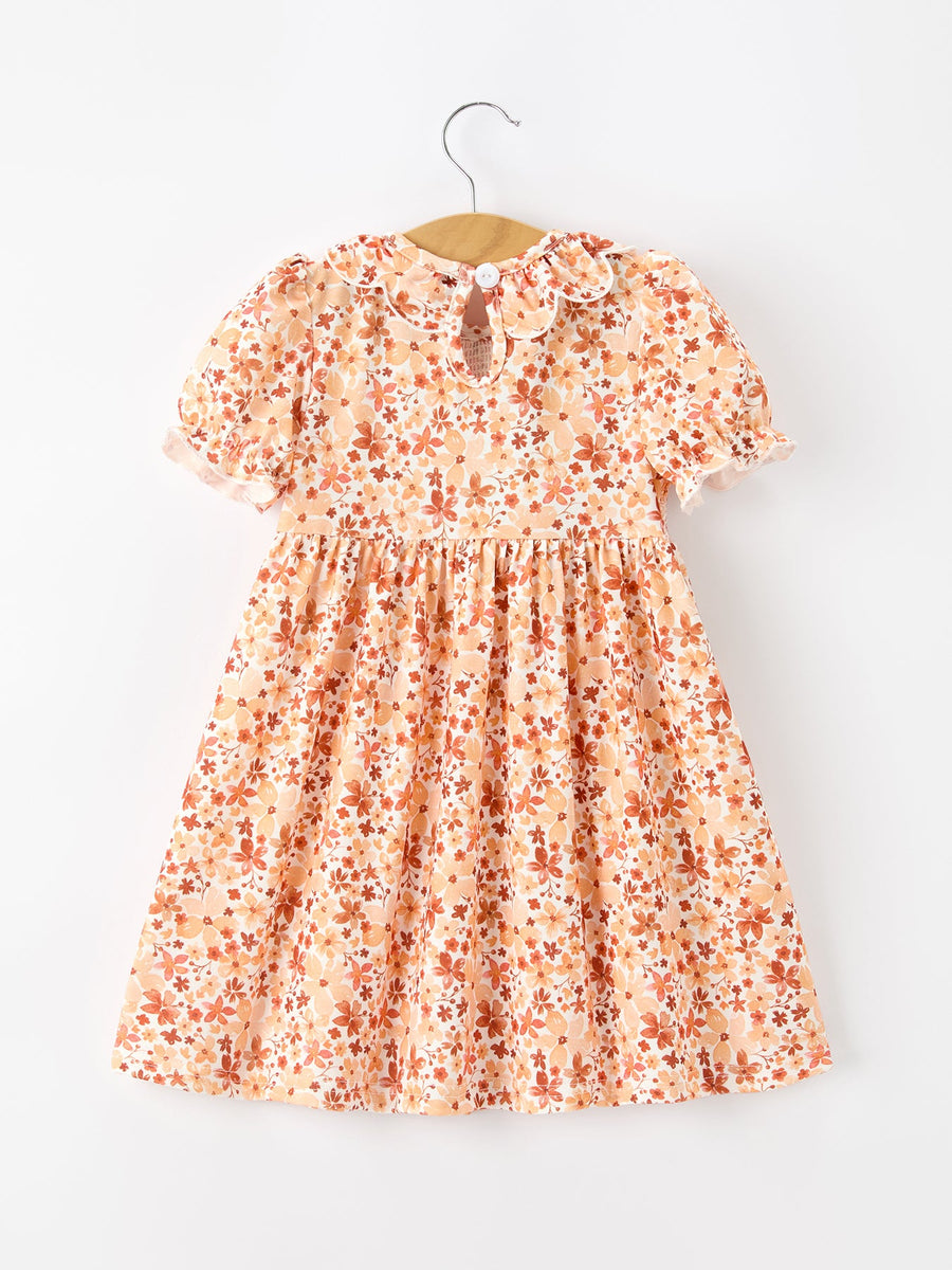 Fall Rust Floral Baby Girls Dress Smocked Petal Collar