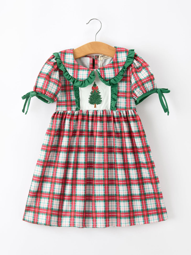 Christmas Tree Plaid Girls Dress Petals Collar Ruffle - 1