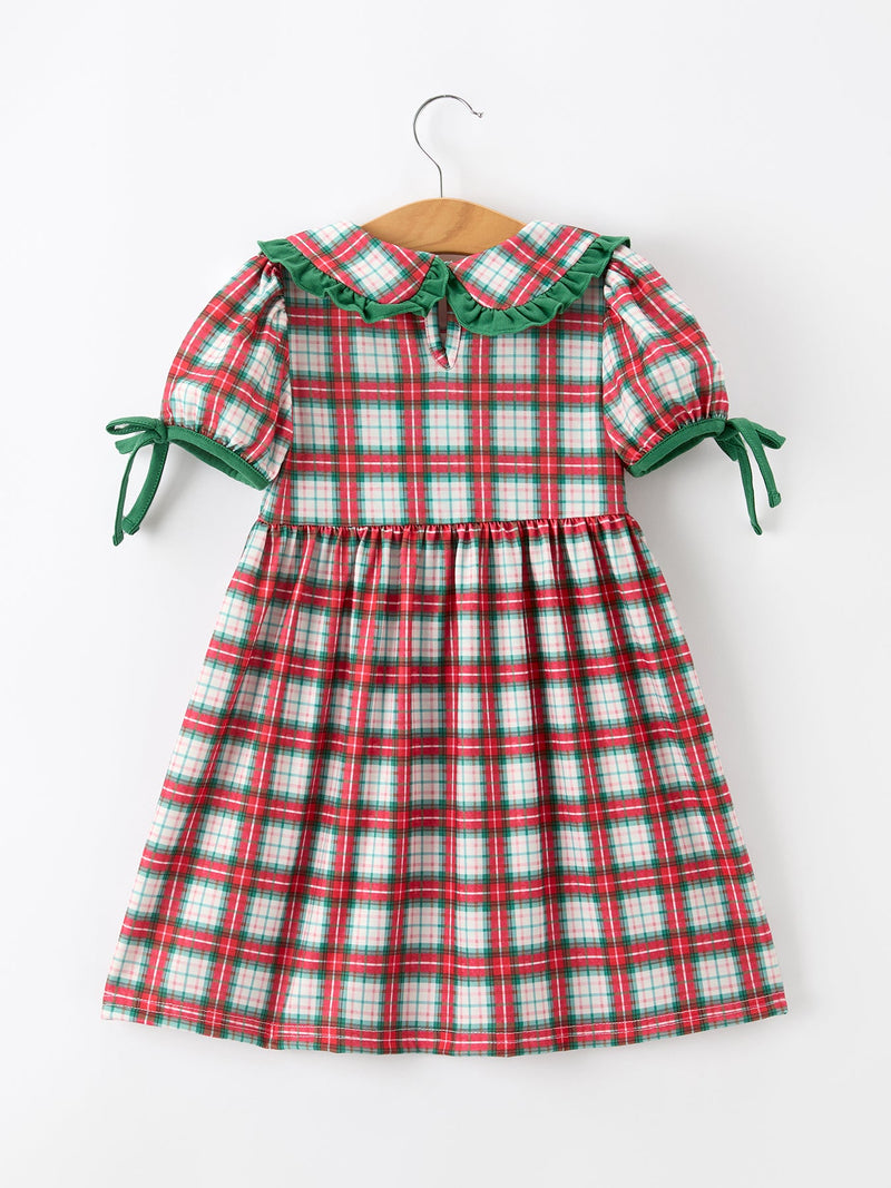 Christmas Tree Plaid Girls Dress Petals Collar Ruffle - 2