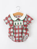 Christmas Tree Plaid Boys Romper Peter Pan Collar Smocked - 1