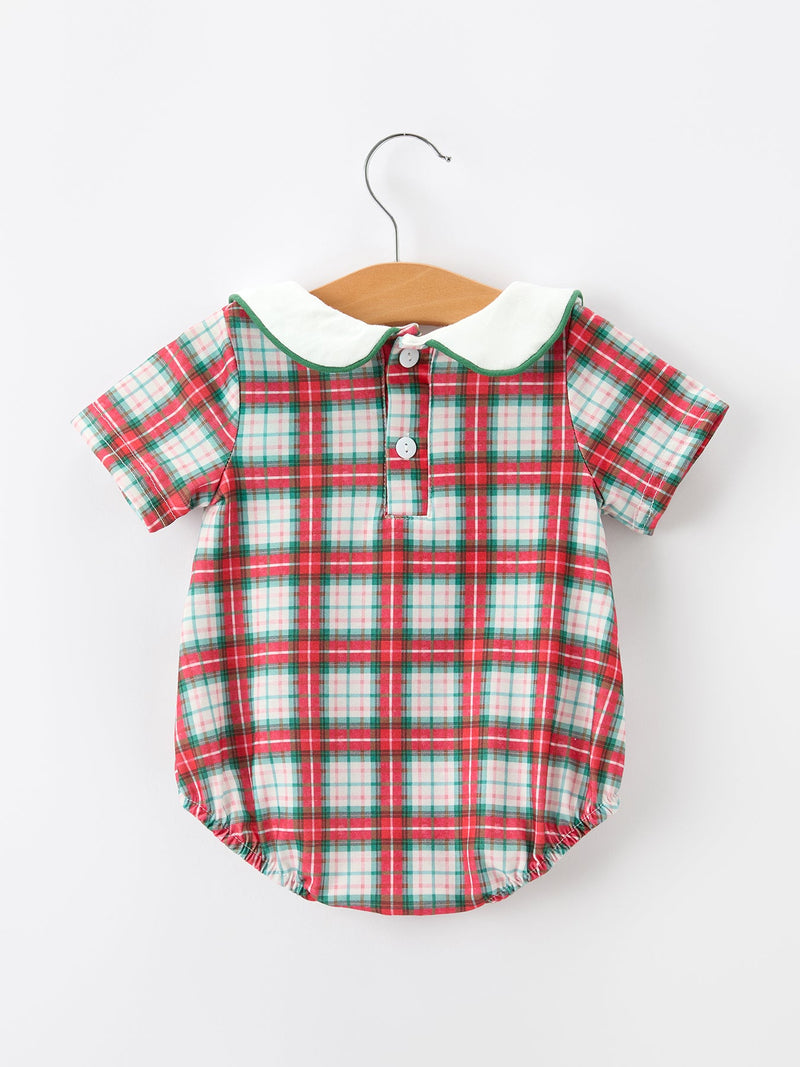 Christmas Tree Plaid Boys Romper Peter Pan Collar Smocked - 2