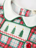 Christmas Tree Plaid Boys Romper Peter Pan Collar Smocked - 3