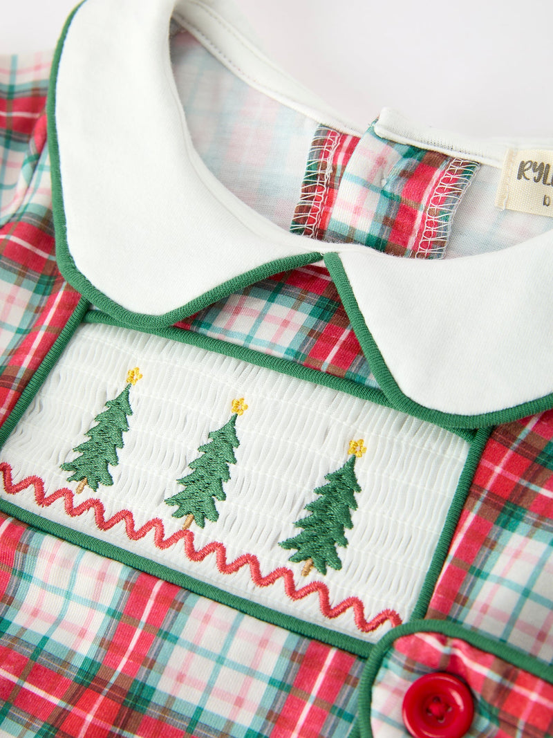 Christmas Tree Plaid Boys Romper Peter Pan Collar Smocked - 3