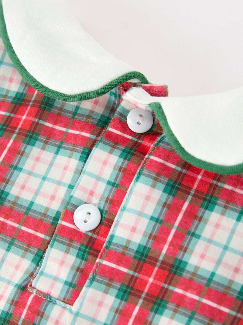 Christmas Tree Plaid Boys Romper Peter Pan Collar Smocked - 4