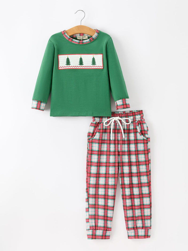Christmas Tree Plaid Boys Set Long Sleeve Top Pants - 1