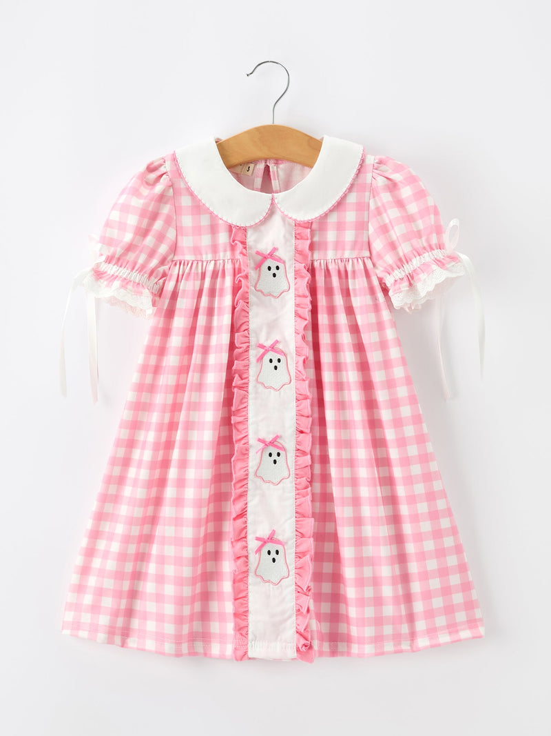 Halloween Ghost Embroidered Girls Dress Peter Pan Collar Bow - 1