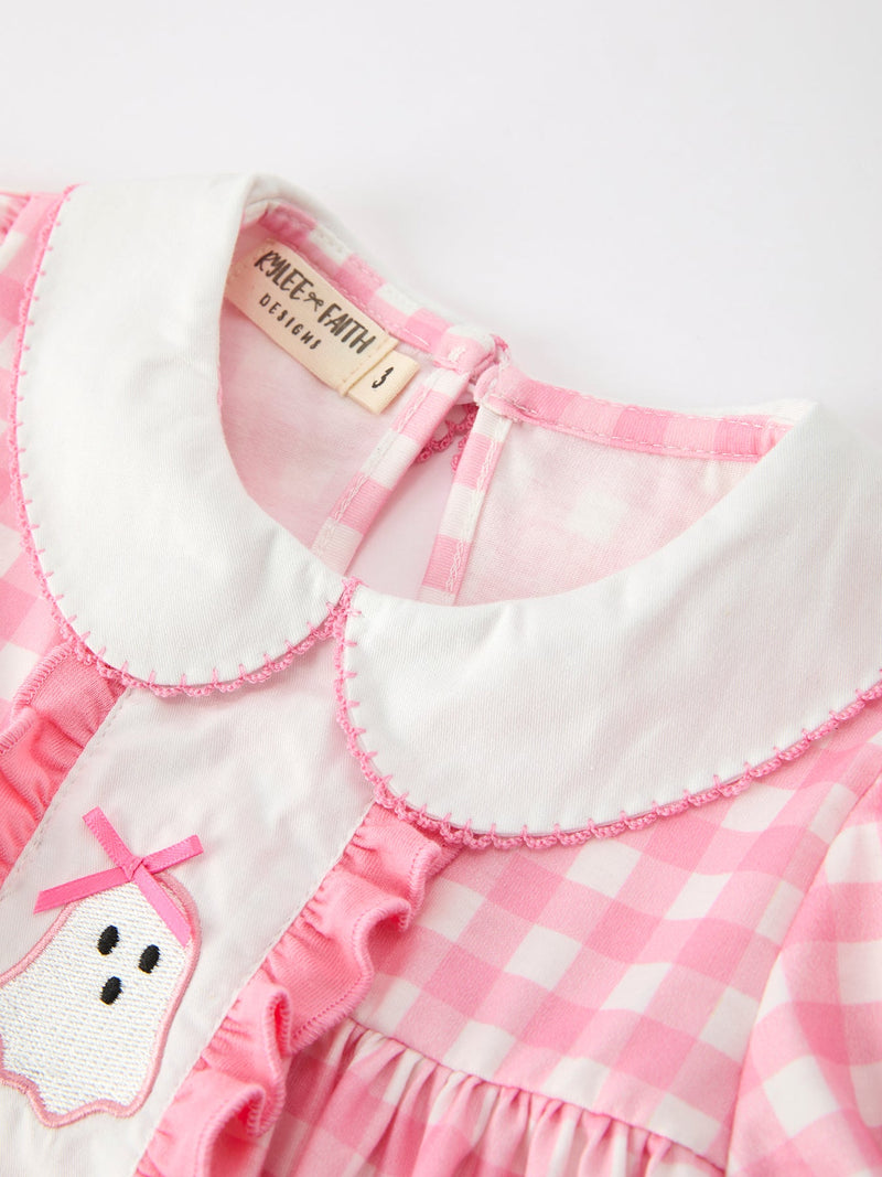 Halloween Ghost Embroidered Girls Dress Peter Pan Collar Bow - 3