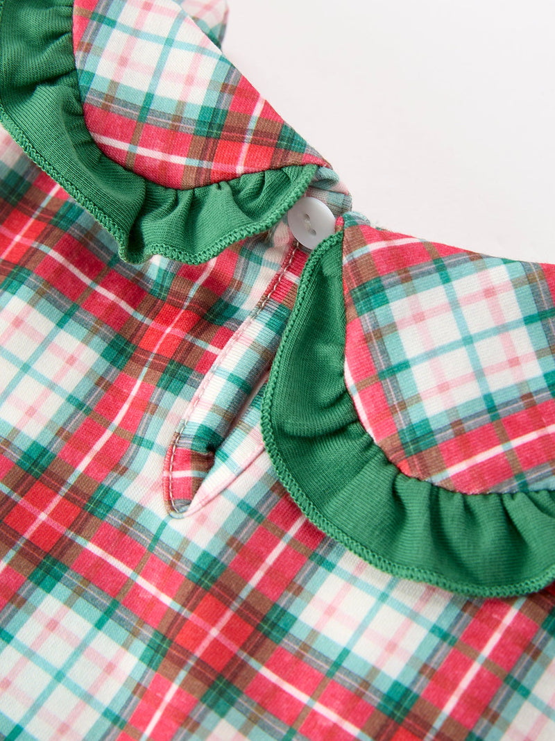 Christmas Tree Plaid Girls Dress Petals Collar Ruffle - 4