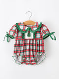 Christmas Tree Plaid Girls Romper Petals Collar Ruffle - 1