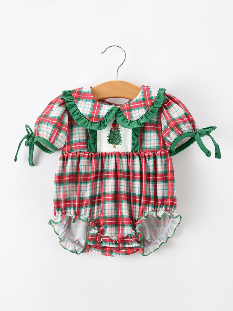 Christmas Tree Plaid Girls Romper Petals Collar Ruffle - 1
