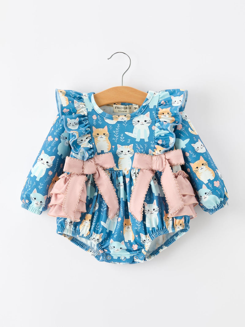 Fall Cat Print Girls Long Sleeve Romper - 6
