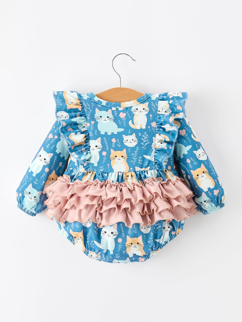 Fall Cat Print Girls Long Sleeve Romper - 7