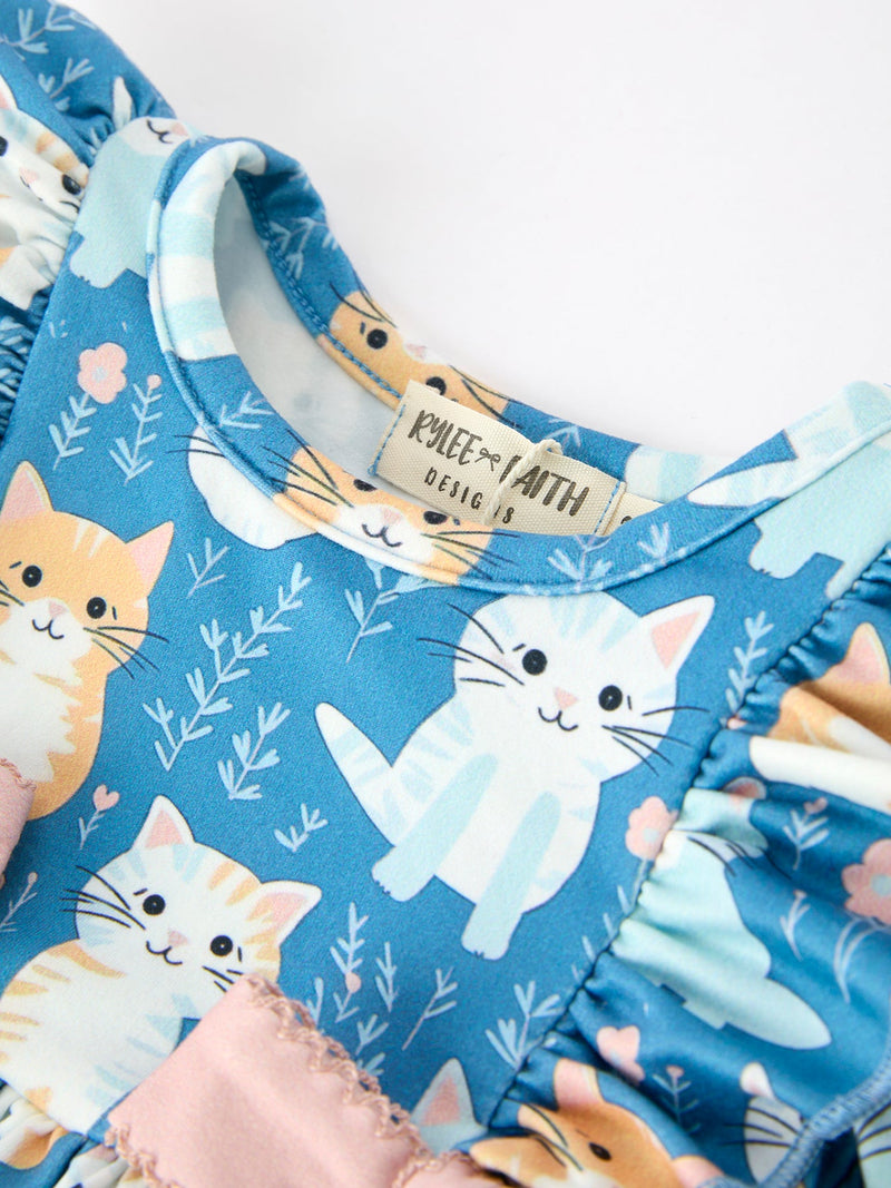 Fall Cat Print Girls Long Sleeve Romper - 8