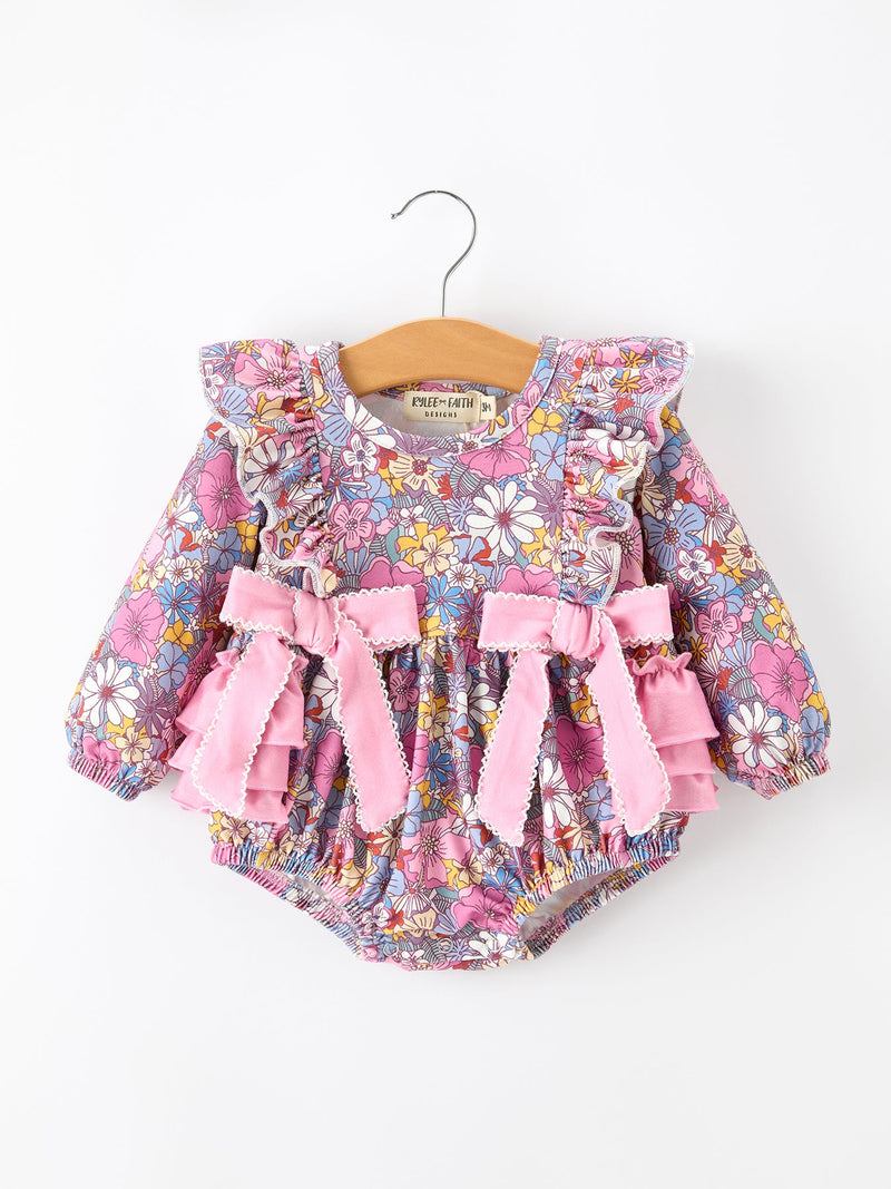 Fall Vintage Floral Print Girls Long Sleeve Romper - 7