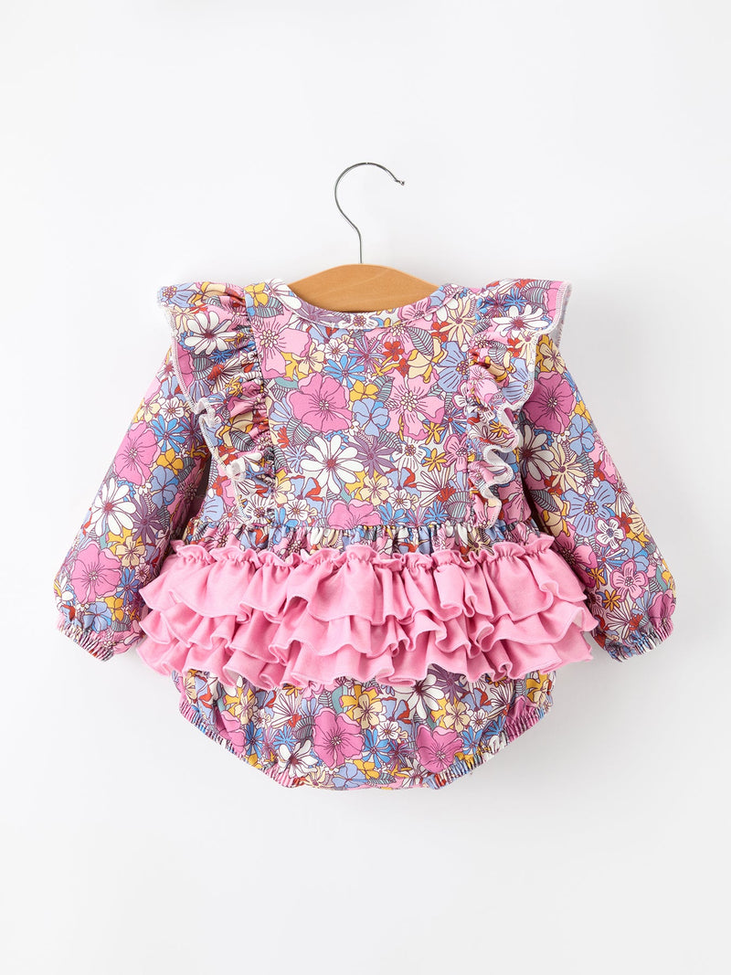 Fall Vintage Floral Print Girls Long Sleeve Romper - 8