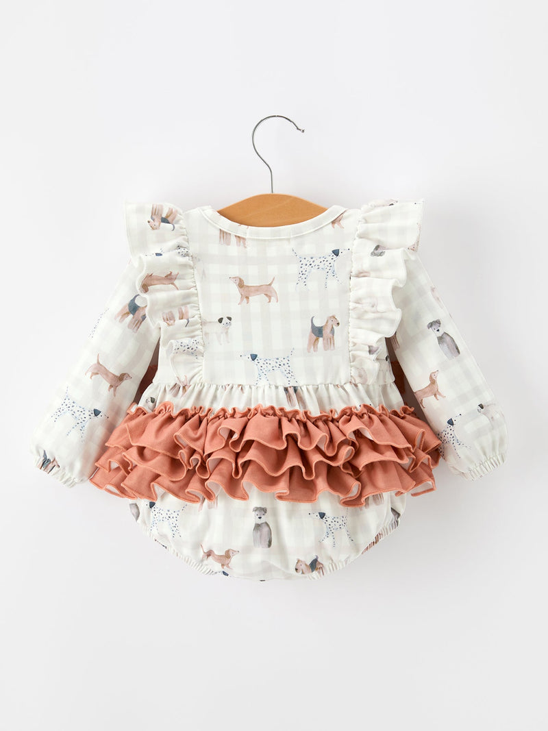 Fall Plaid Dog Print Girls Long Sleeve Romper - 7