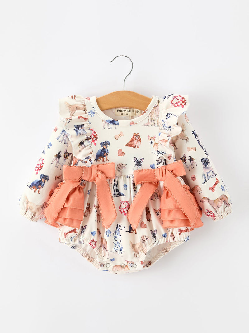 Fall Dog Print Girls Long Sleeve Ruffle Bow Romper - 1