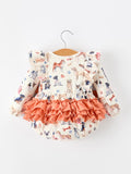 Fall Dog Print Girls Long Sleeve Ruffle Bow Romper - 2