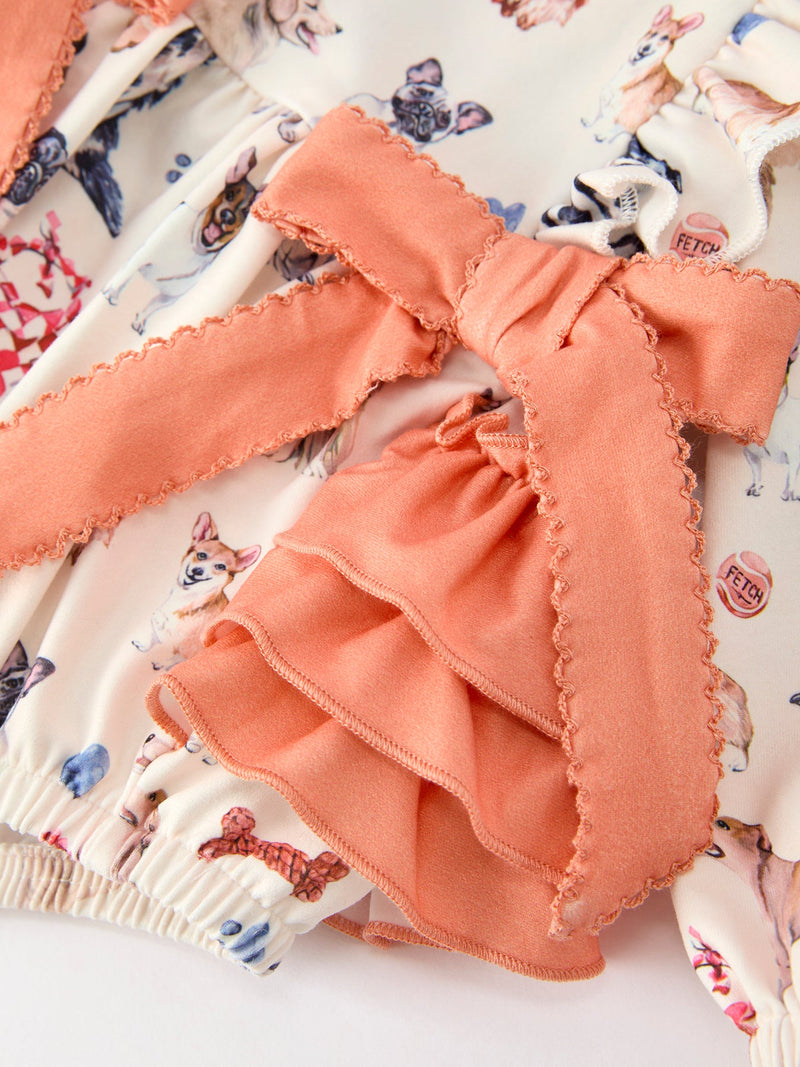 Fall Dog Print Girls Long Sleeve Ruffle Bow Romper - 4