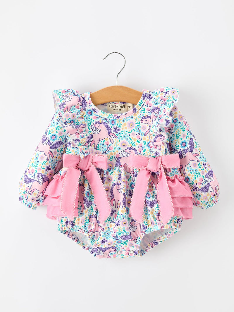 Unicorn Floral Print Girls Long Sleeve Romper - 7