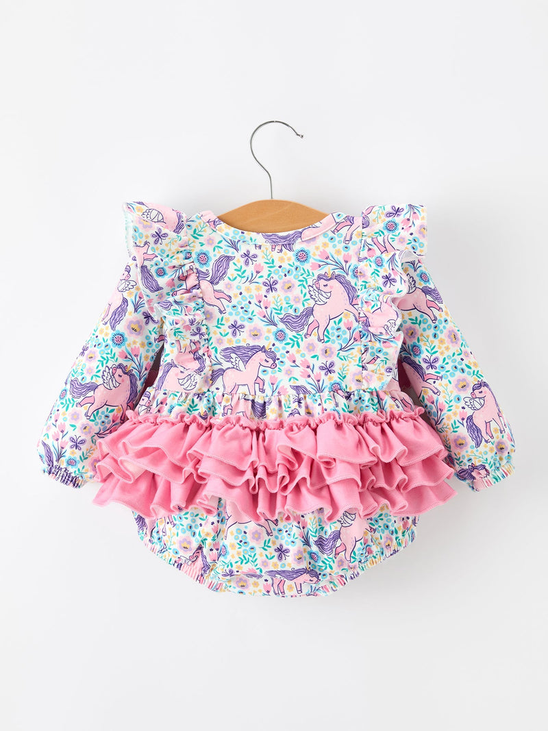 Unicorn Floral Print Girls Long Sleeve Romper - 8