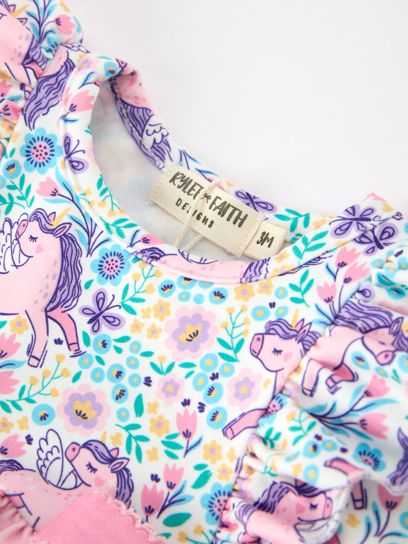 Unicorn Floral Print Girls Long Sleeve Romper - 9