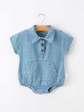 Baby Denim Romper Short Sleeve Polo Bodysuit - 1