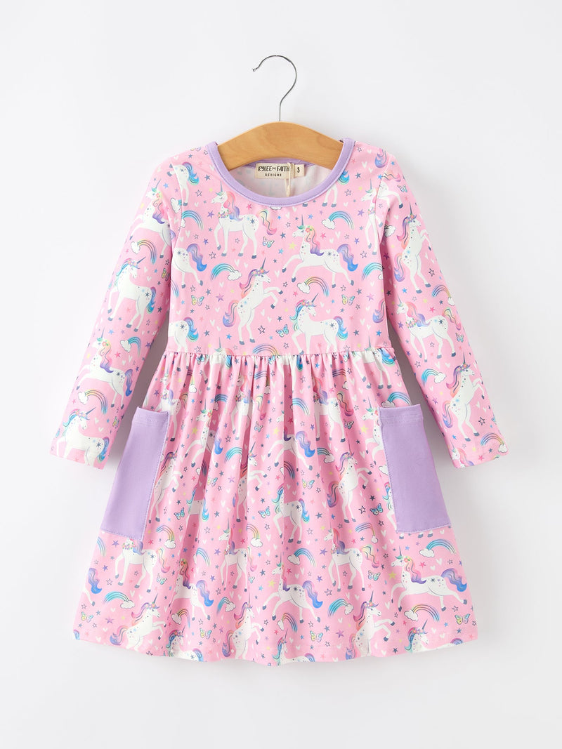 Pink Unicorn Girls Pocket Dress Rainbow Star Print - 1